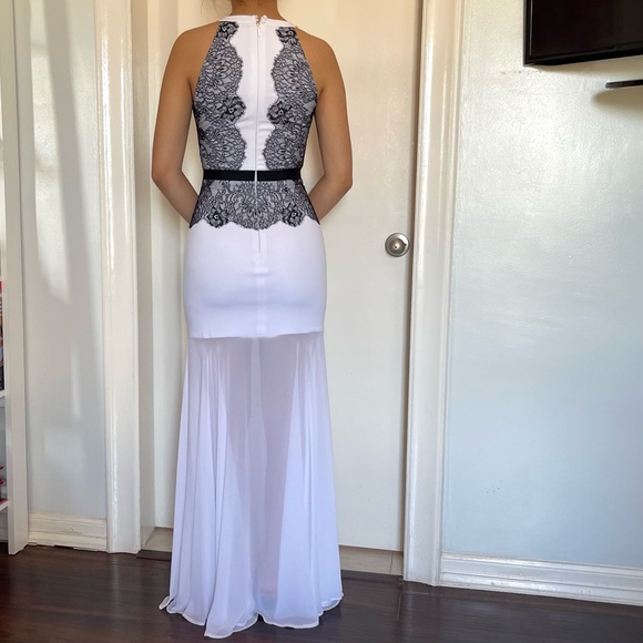 BCBG MAXAZRIA Georgianna Halter Lace Trim Black and White Long Dress - Picture 3 of 6